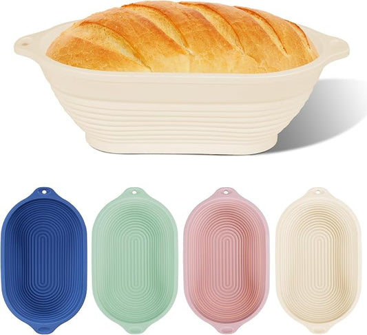 4 Pcs Upgraded Silicone Banneton Bread Proofing Basket with Handles - Reinforced Rim Support, 10" Oval Foldable Bowls for Sourdough Bread Baking, Oven & Dishwasher Safe-BPA Free