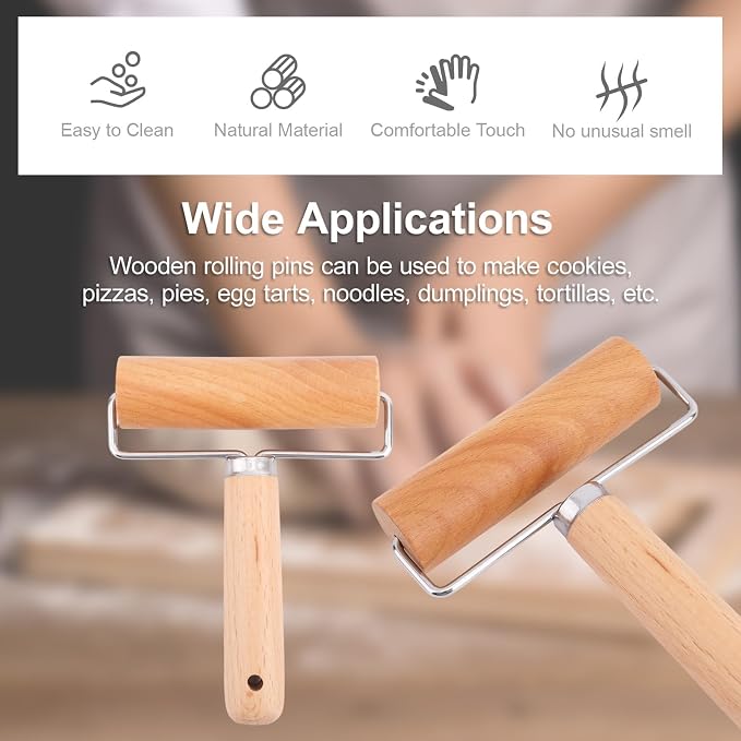 2pcs Small Baking Wooden Rolling Pins, Non-Stick T-Shaped Pastry Dough Roller Pin, Practical Baking Tool for Tortilla Cookie Dumpling Wrappers Pizzas & Pies Making (Long & Short Version)