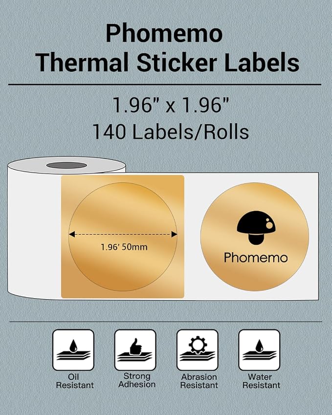Phomemo Sticker Circle Labels- 1.96"x1.96"(50x50mm) Thermal Label for M110/M221/M220/M120/M200, for Barcode/Address/Mailing/Logo/Business/Home Tag, Black on Golden