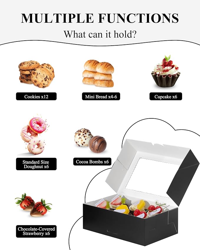 COTOPHER 10Pcs Cookie Boxes with Ribbons, 9x6x3 Inch Bakery Boxes with Window, Black Treat Containers for Pastries, Chocolate Covered Strawberries, Dessert, Easter Candy, Muffins, Donuts