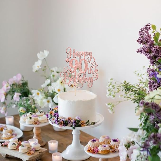 1 PCS Happy 90th Birthday Cake Topper Glitter Cheers to 90 Years Birthday Cake Pick Hello 90 Fabulous Cake Decoration for Happy 90th Birthday Anniversary Party Decorations Supplies Rose Gold