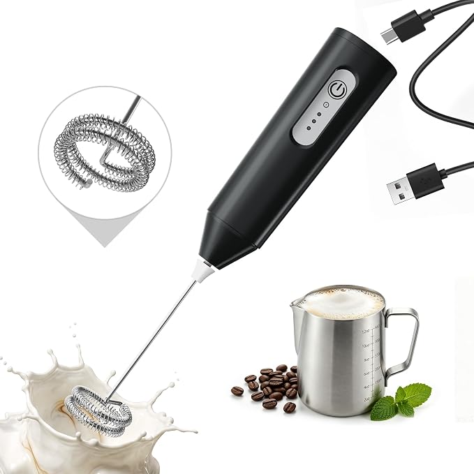Puraville Rechargeable Electric Milk Frother Handheld, 3 Speeds Electric Whisk Drink Mixer, Type-C Charging BPA Free for Coffee, Latte, Cappuccino, Egg, Cream, Black