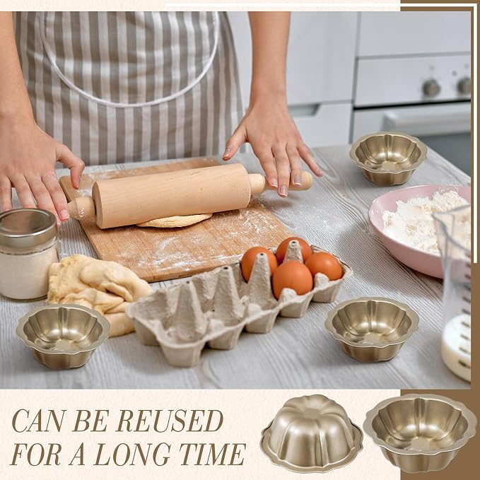 Ctosree 8 Pcs 4 Inches Fluted Mini Cake Pan Nonstick Fluted Cake Pan Carbon Steel Tube Metal Tube Oven Baking Mold with Flower Shape for Cupcake (Gold)