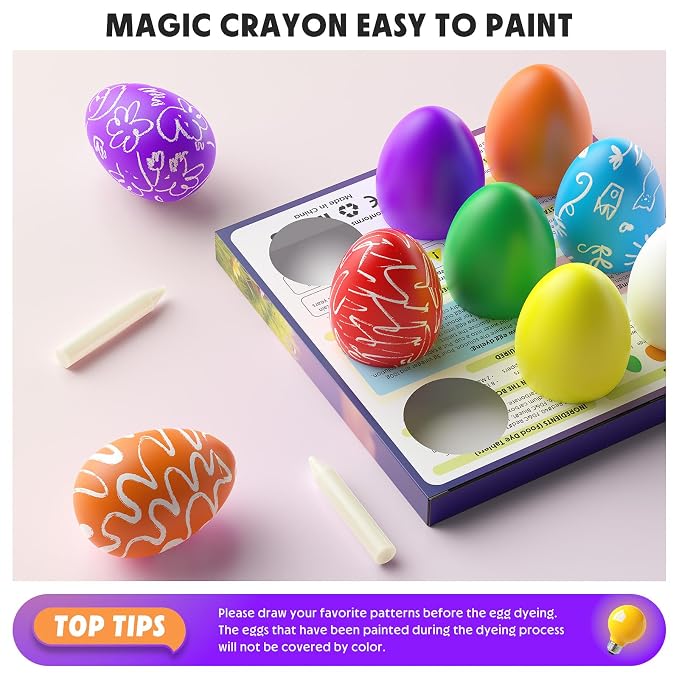 Easter Egg Decorating Kit with 9 Food Coloring Dye Tablets, 68 Stickers, Magic Crayons & 9 Egg Stands | Non-Toxic, Edible Food Dye DIY Craft Set for Easter Celebrations & Party Supplies