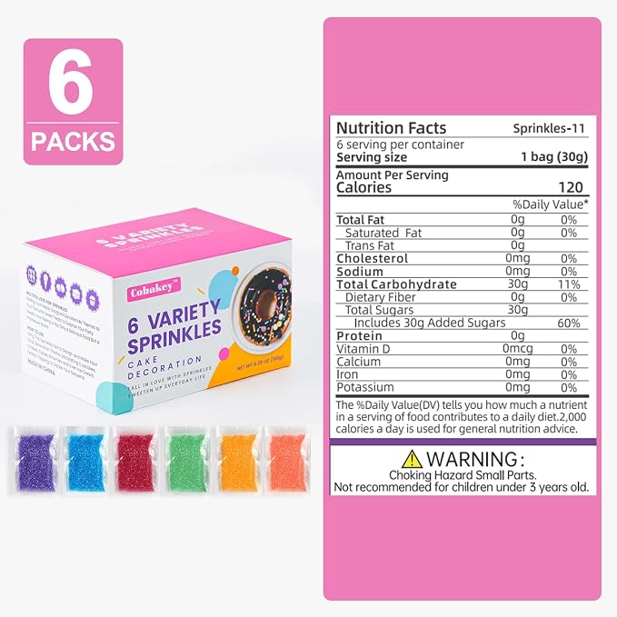 Sanding Sugar Crystals, 6.35 oz Edible Sparkling Sugar for Baking Topping, Cupcakes, Cookies, Ice Cream & Cake Decorating, Wedding Party Christmas Supplies, Orange, Purple, Green, Red, Yellow, Blue
