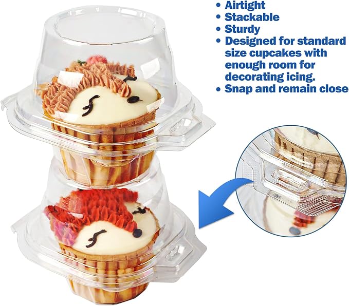 Individual Cupcake Containers Stackable Single Compartment Cupcake Disposable Carrier Holder Box Deep Dome Clear Plastic BPA-free (150 PCs)