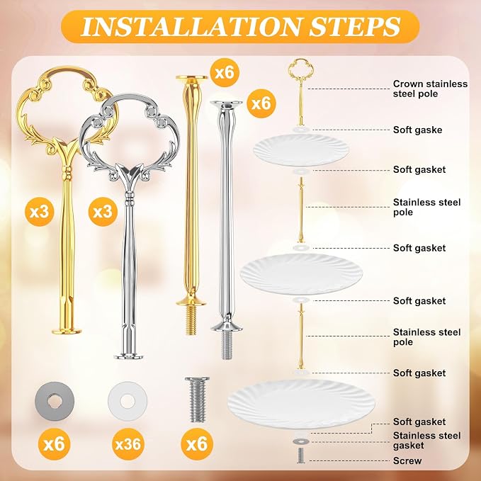 Patelai 6 Sets 3 Tier Cake Stand Hardware Tiered Tray Plate Hardware Kit Metal Cake Fruit Food Plate Stand Fitting Stacking Kit for Serving Dessert Cupcake Dish (Sun Flower,Gold,Silver)