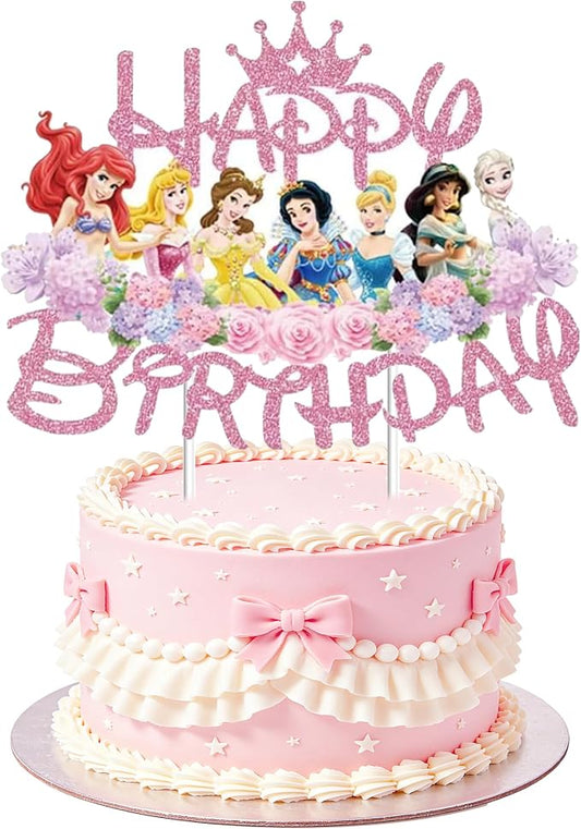 Glitter Princess Cake Topper, Cute Happy Birthday Cake Topper, Birthday Party Supplies, Princess Themed Party Decorations for Girls