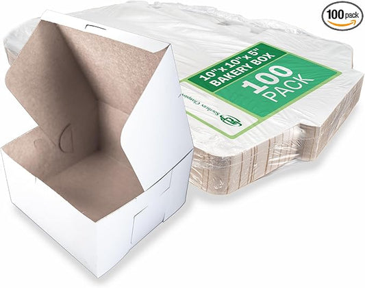 SCT 0977 White Non-Window Lock Corner Bakery Box, Recycable, Professional Clean Cake Boxes, Cookie and Pastry Boxes, Bulk Pack, 10" L x 10" W x 5-1/2" H (Case of 100)