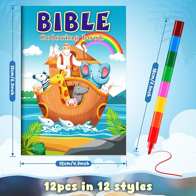 BenLouis 12 Christian Mini Coloring Books Kids with 12 Stacking Crayons Bible Verse Religious Party Favors Small Activity Books Bulk for Kids Sunday School Christmas Party Gift Goodie Bag Stuffers