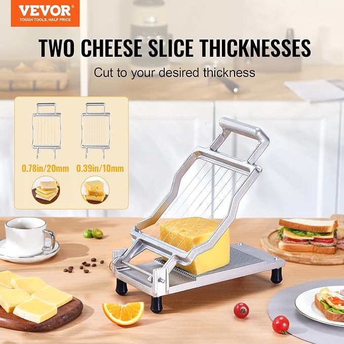 VEVOR Cheese Slicer, Butter Cutter with 0.39" & 0.78" Cheeser Butter Cutting Blade, Detachable Cheese Slicer Wire, Aluminum Alloy Commercial Cheese Cutter with 316 Stainless Steel Knife Wire