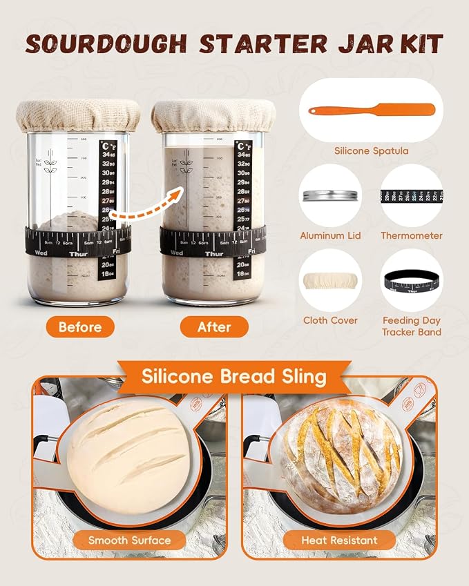 Complete Sourdough Starter Kit for Beginners & Bakers | Sourdough Bread Baking Supplies with Round Banneton Bread Proofing Basket, Bread Sling, Starter Jar, Dough Whisk, Scrapers, Bag & Manual