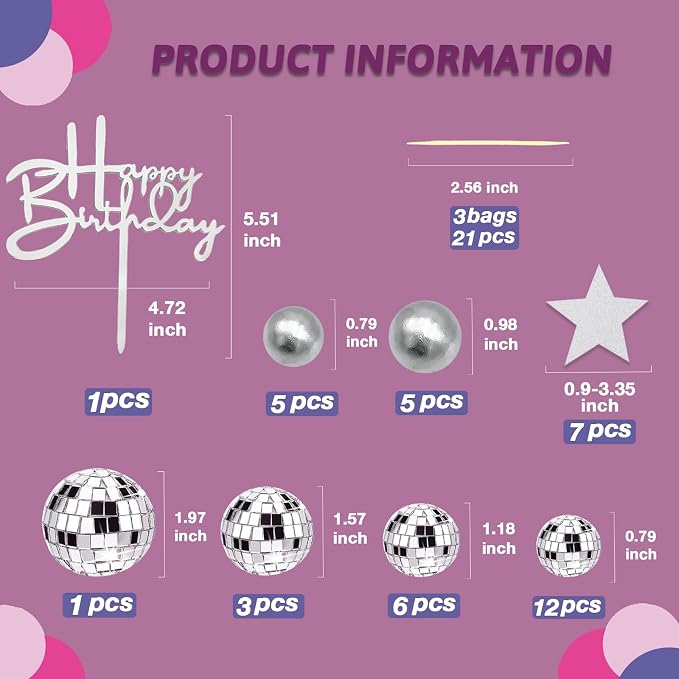 40Pcs Disco Ball Cake Toppers Silver Balls Cake Decorations with Silver Mirror Balls Happy Birthday Cake Topper Star Cake Toppers for 70s 80s 90s Disco Music Dance Themed Party Decorations Supplies