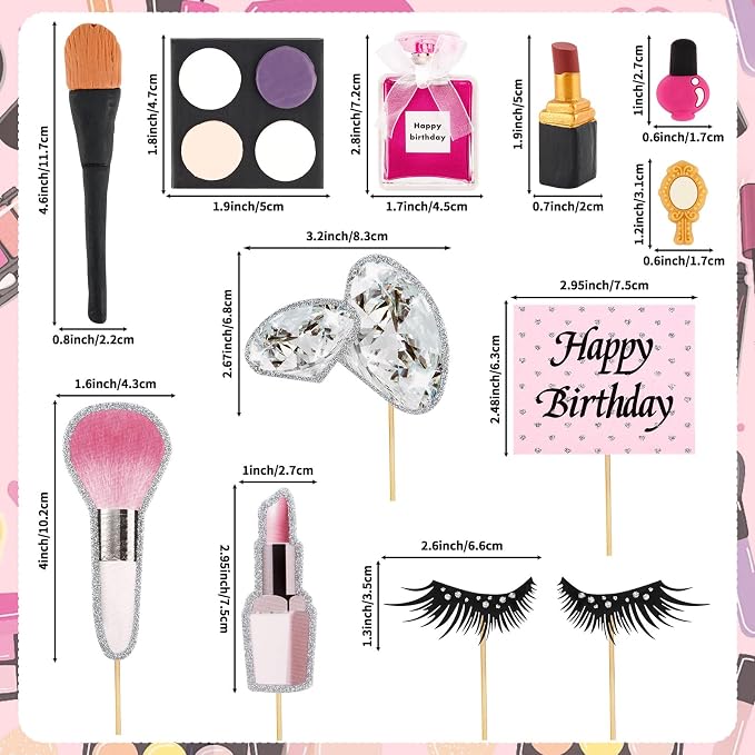 12PCS Makeup Cake Topper Makeup Cake Decorations with Lipstick Eye Shadow Makeup Brush for Girl Women Salon Birthday Party Decor Spa Party Supplies Make up Themed Party Decor Bachelorette