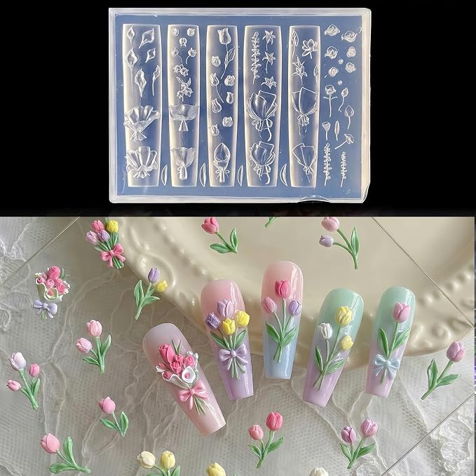 Tulip Flower Nail Art Silicone Mold, 3D Bouquet & Floral Stem Nail Charms Mold, Flexible Reusable Silicone Mold for Acrylic Gel Resin Nail Decoration, DIY Nail Accessories