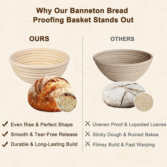 Banneton Bread Proofing Basket for Sourdough & Baguettes, 9 Inch Round Natural Rattan Bread Basket with Washable Linen Liner