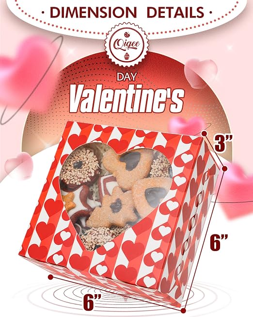 qiqee Valentine Bakery Box with Original Unique Design 60packs 6x6x3 Cookie Boxes Pastry Box for Valentine's Day