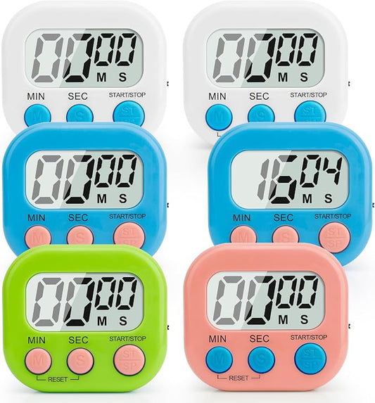 Digital Kitchen Timer, 6 Pcs Classroom Timers for Kids Teacher, Magnetic Countdown Minute Simple Timer for Cooking Study Exercise Game Baking Reading Gym Meeting Work Task (White/Blue/Pink/Green)
