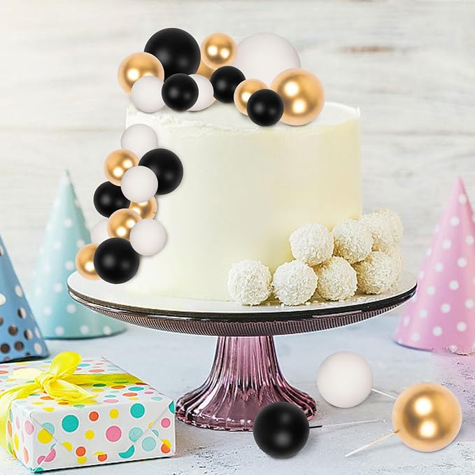 30 PCS Balls Cake Topper DIY Cake Insert Toppers Ball Cake Picks Cupcake Topper for Birthday Party Baby Shower Wedding Cake Decoration(Black Gold White)