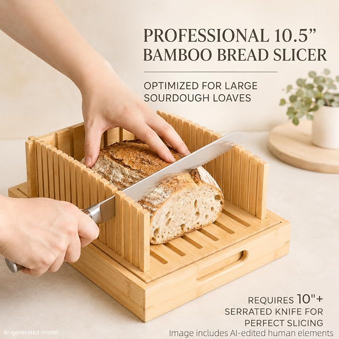 10.5" Bamboo Bread Slicer for Homemade Bread, Adjustable Sourdough Cutter Guide with Crumb Catcher Tray, Wooden Board for Round Loaves & Sandwich Slices