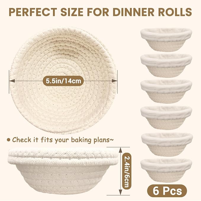 Mini Bread Dough Proofing Basket (5.5'', Set of 6), Natural Cotton Rope Mini Banneton Basket & Liner, Sourdough Banneton Basket for Bread Bowls & Small Loaves
