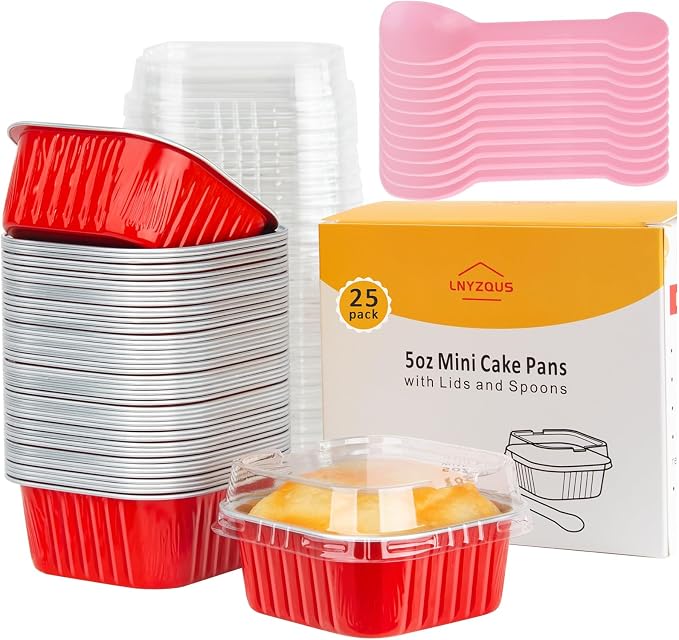 LNYZQUS 5oz Mini Cake Pans with Lids 25 Pack, Foil Muffin Cups for Oven, Disposable Cupcake Containers, Square Individual Baking Tins Small Creme Brulee Ramekins for Christmas Baking Gifts -Red