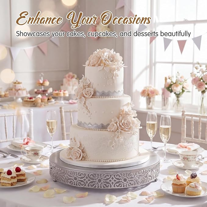 Wenqik 18 Inch Cake Stand Round Metal Cupcake Dessert Wedding Cake Stand Cookies Display Holder Fruit Food Serving Tray for Table Wedding Birthday Anniversary Party Decor (Silver)