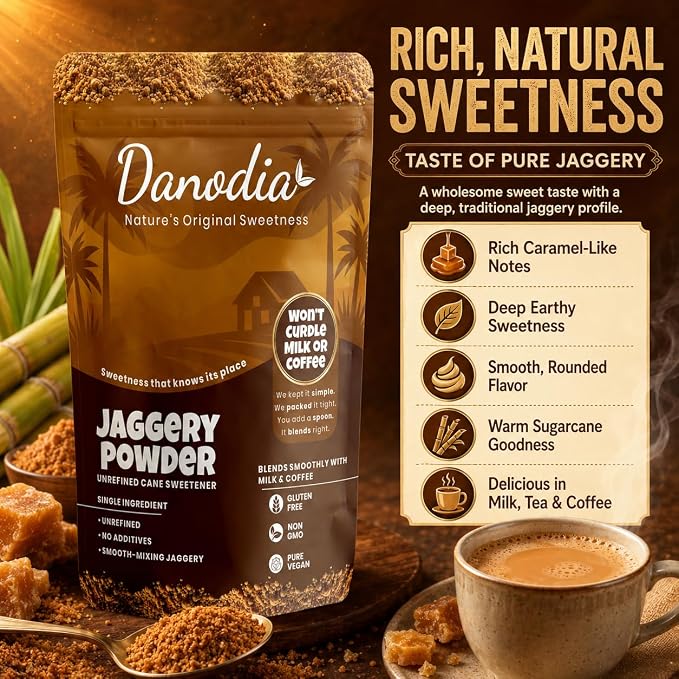 Danodia Foods Organic Jaggery Powder, Cane Gur Sweetener, 2 lb Pack | Fine sugarcane gur sweetener for chai, coffee, baking, cooking, desserts and Indian pantry recipes; Indian pantry sweetener