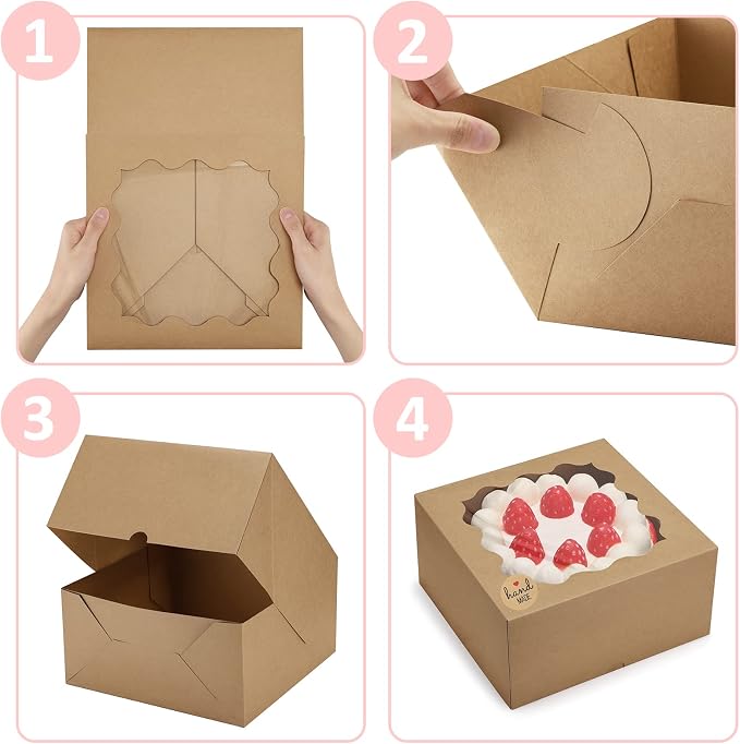 Eupako Auto-popup 10x10x5 Cake Boxes with Window, 24pcs Quick Fold Brown Bakery Boxes, Easy Assemble Gift Box for Pies, Cookies, Pastries, Chocolates, Party, Wedding