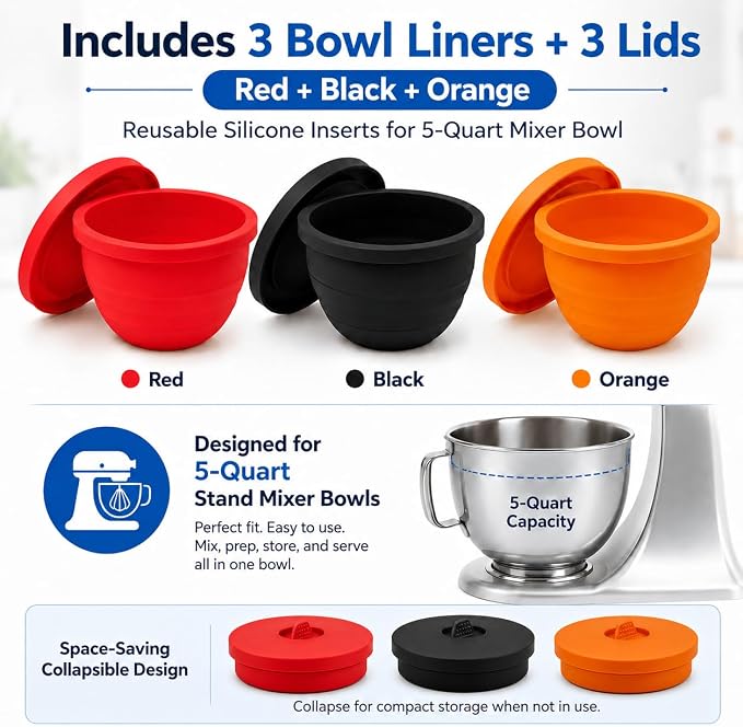 3 PCS Silicone Bowl Liners Compatible with KitchenAid 5Qt Tilt-Head Stand Mixer, Food Grade Collapsible Bowl Inserts with Airtight Lids, Foldable & Reusable Mixer Accessories for Baking