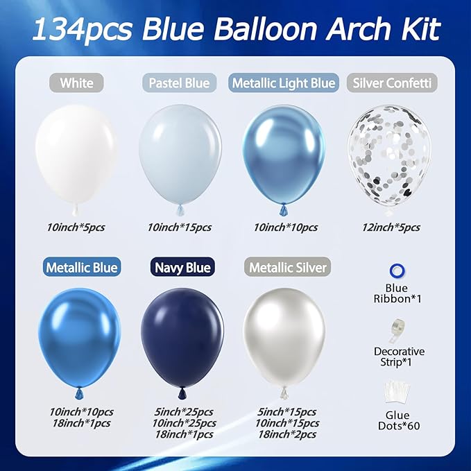 134pcs Blue Balloon Arch Kit, Blue Balloon Garland with Blue and Silver Balloons for Wedding Baby Shower Graduation Birthday Party Decorations