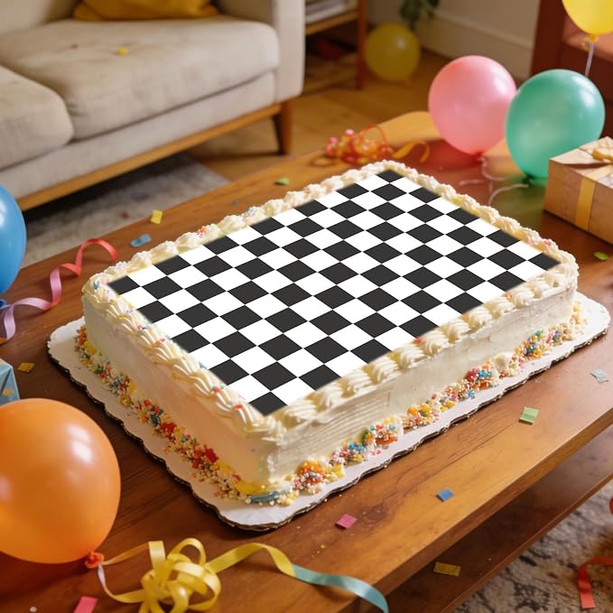 Black and White Checkered Edible Cake Topper, 28x19.4cm/11.02x7.63in Square Racing Party Decoration for Birthday Cakes & Desserts