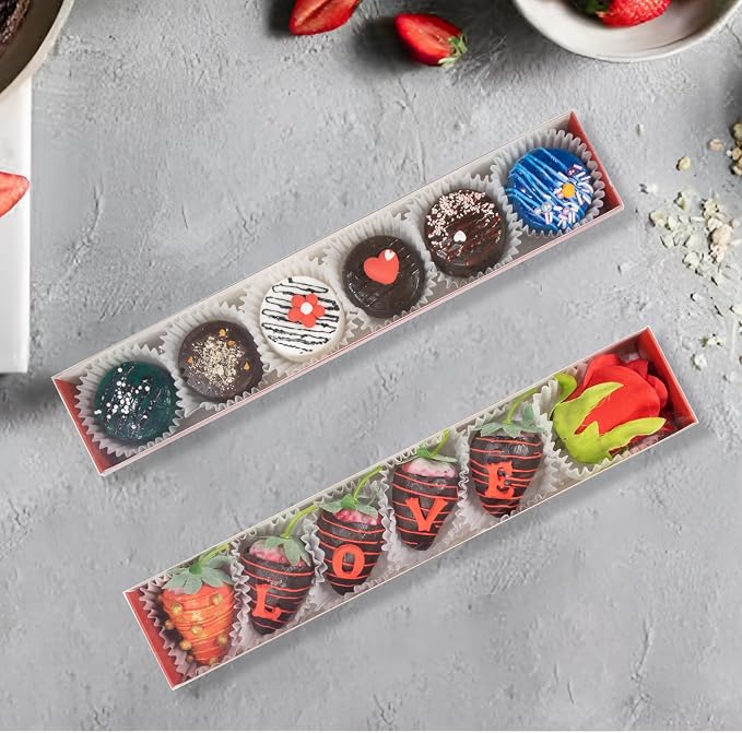 50Pack 12x2¼x2 Inch Chocolate Covered Strawberry Boxes for 6 Macaron boxes Chocolate Truffle Boxes Cookie boxes Bakery Boxes with Clear Window Washi Tape Boxes