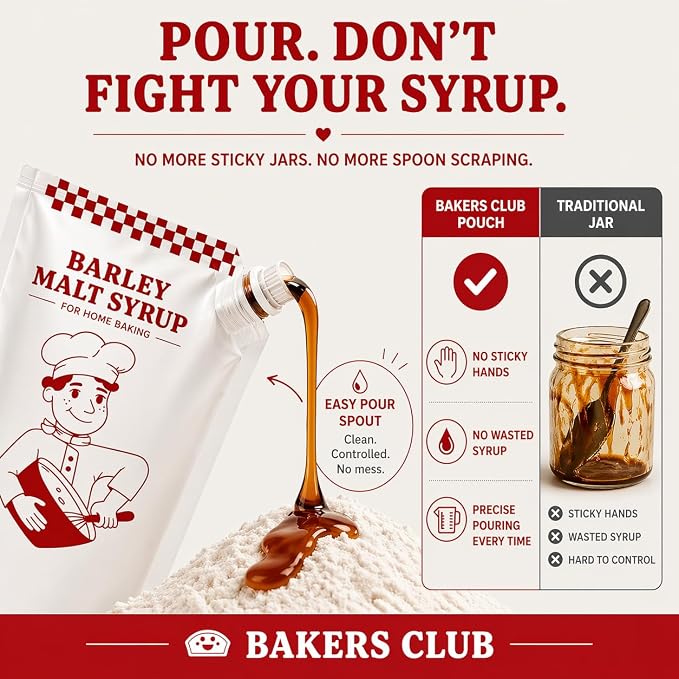 Bakers Club Barley Malt Syrup 16oz – Authentic Malty Flavor for Bagels, Pretzels, Bread & Baked Goods – Enhances Crust, Color & Sweetness – Non-GMO, Traditional Malted Barley Syrup – Made in USA