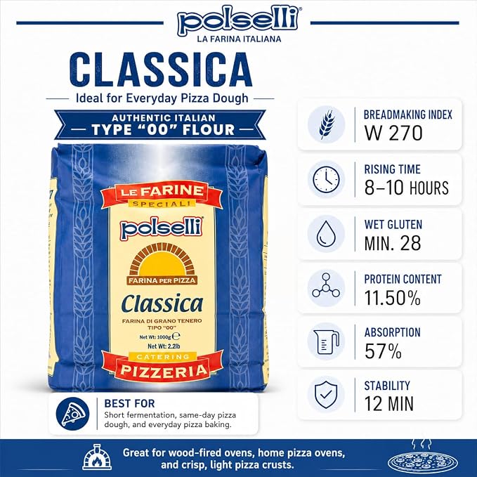 POLSELLI Classica, Type "00" Double Zero Flour Exrtra Fine, 11 lbs (5 kg) | Tipo "00" Wheat Flour For Neapolitan Pizza, Bread & Pasta, All-Natural, Unbleached, Unbromated, No Additives, Made In Italy.