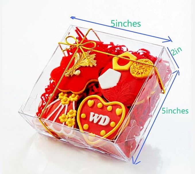 RomanticBaking 25PCS 5x5x2 Inches Full Clear Cookies & Cake Boxes - Strawberries, Chocolate, Cinnamon Roll & Mini Cake Boxes
