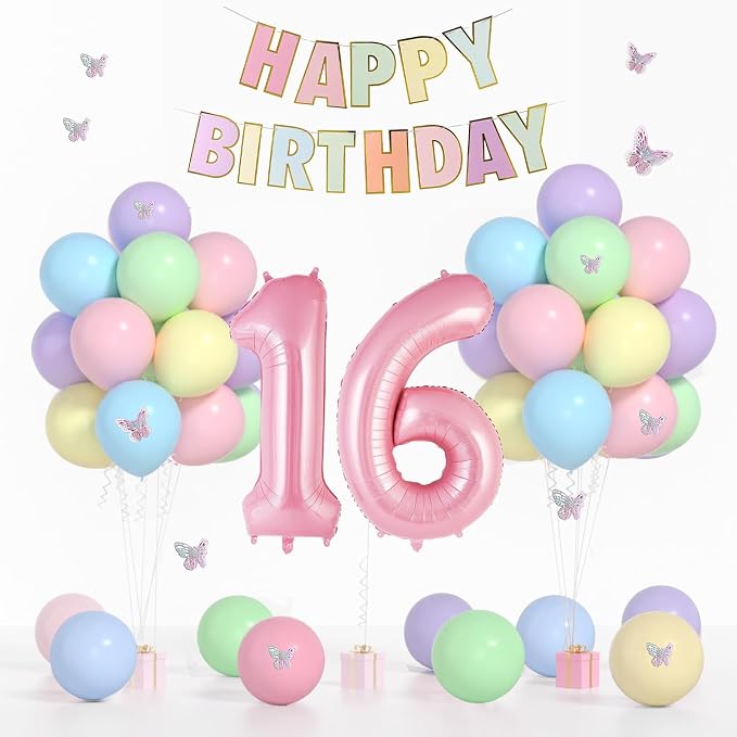 16th Birthday Decorations For Girls- 12 Inch Pastel Balloons, 32 Inch Pink 16 Balloon, 3D Butterflies Stickers, Happy Birthday Banner For Girl Sweet Sixteen Party Decorations