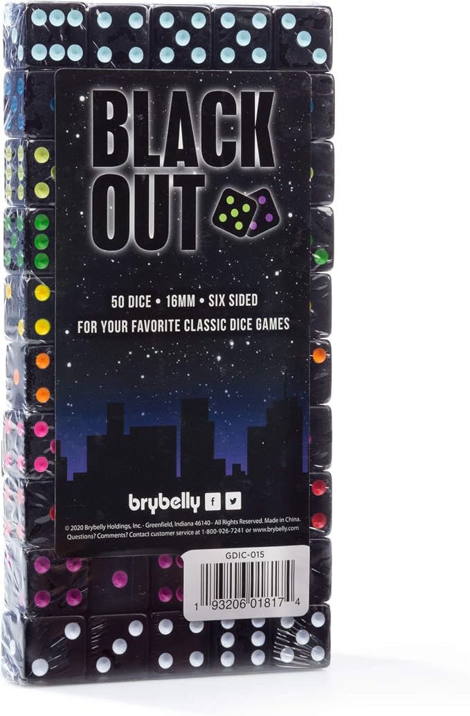 Brybelly Blackout Dice, 50-Pack — 16mm Six-Sided Black Game Dice with Neon Pips — 10 Color-Coded Sets of 5 for Liar's Dice, Farkle, Yacht & Classic Tabletop Games