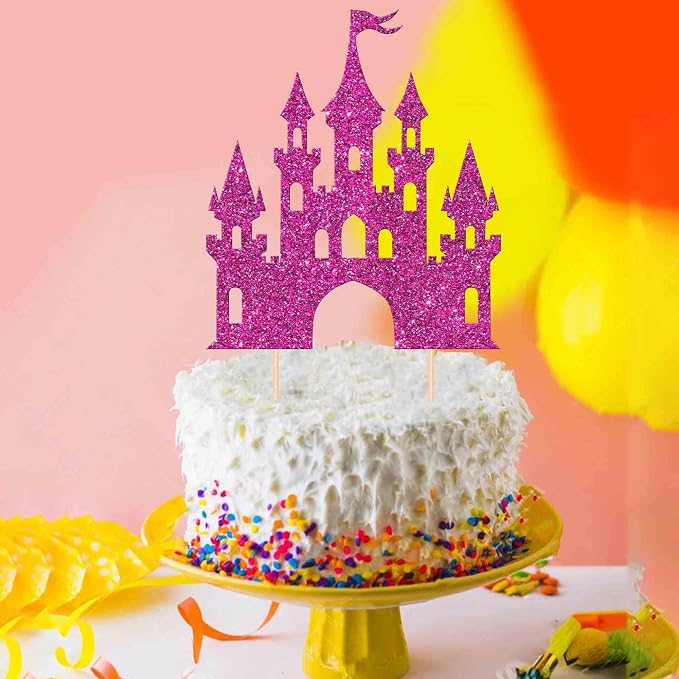 1 PCS Castle Cake Topper Glitter Princess Cake Topper Castle Theme Birthday Party Decoration Princess Happy Birthday Cake Decoration for Baby Shower Girls Princess Birthday Party Supplies Rose Red