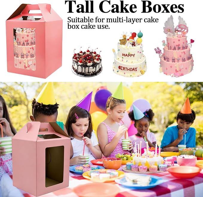 Cake Boxes - 2 Pack Tall Cake Box 10x10x12 Inch Disposable Layer Carrier with Window Large Tierd Cake Out Transport Containers with Handle for Wedding, Birthday, Party(Pink)