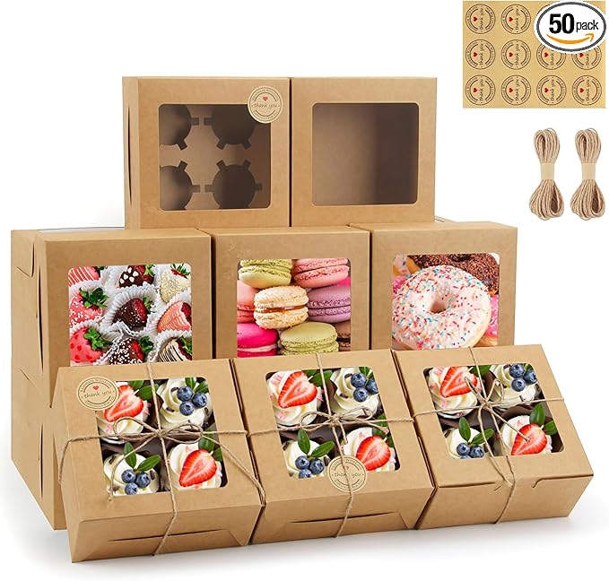 OAMCEG 50 PCS Cupcake Boxes with Window, 6x6x3 Inch Cookie Boxes, Bakery Treat Boxes for Pastry, Dessert, Chocolate Strawberries, Cupcake Containers, Gift Giving with Stickers & Twine （Brown）