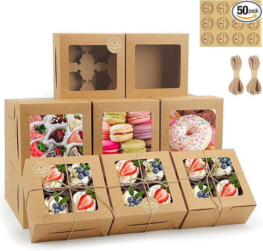 OAMCEG 50 PCS Cupcake Boxes with Window, 6x6x3 Inch Cookie Boxes, Bakery Treat Boxes for Pastry, Dessert, Chocolate Strawberries, Cupcake Containers, Gift Giving with Stickers & Twine （Brown）