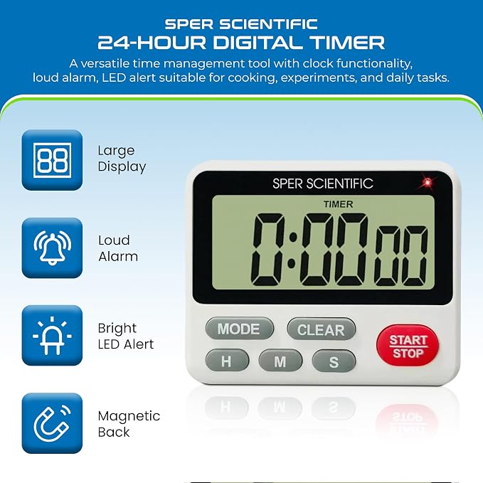 Sper Scientific 24-Hour Digital Lab + Kitchen Timer with LED Light 810001 - Precision Countdown Timer with Large Display, Loud Alarm & Clock Mode - for Cooking, Lab Experiments & More - 4 pc
