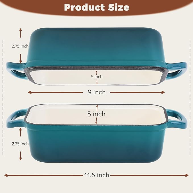 Cast Iron Loaf Pan With Lid, Enameled Bread Loaf Pan For Homemade Bread Sourdough, 2 In 1 Loaf Pans For Baking Bread 9x5, Even Heating Bread Dutch Oven, Teal