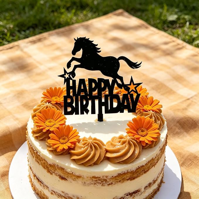Black Acrylic Horse Happy Birthday Cake Topper, Horse Theme Party Decoration for Boys, Girls, Men, Women & Kids Birthday Party Decoration Supplies (Design1)