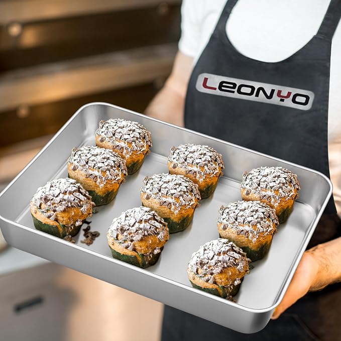 Leonyo 2 Pack Stainless Steel Lasagna Pan, 9.3 x 7 Inch Bakeware Cake Pan for Baking, Rectangle Baking Trays Sheet for Commercial Kitchen, Focaccia Bread, Casserole Dish - 2 Inch Deep