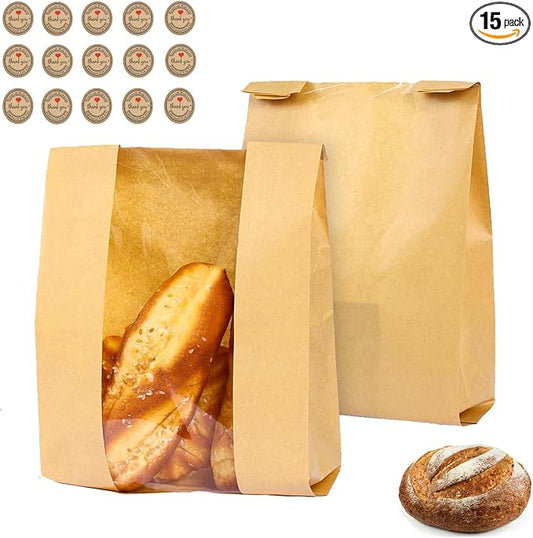 15 Pack Large Sourdough Bread Bags for Homemade Bread Gifting Bakery Bags with Window Loaves Paper Bread Bags for Baked Food Packaging Storage with Seal Stickers (11.8x8.2x3.5inch)