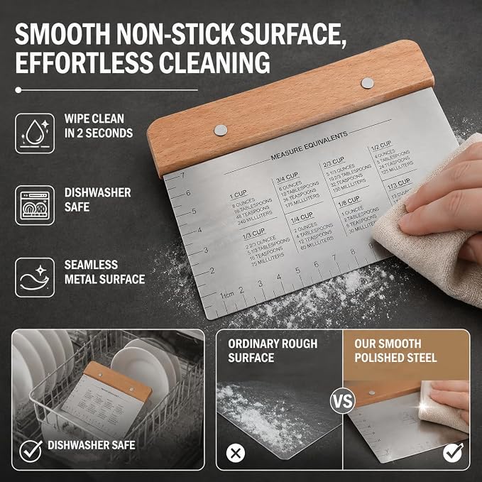 NOVANO Stainless Steel Bench Scraper, Multipurpose Dough Cutter Food Scraper, Bench Scraper with Baking Measure for Dough Dividing, Pastry Baking, Food Chopping & Flat Top Grill Cleaning