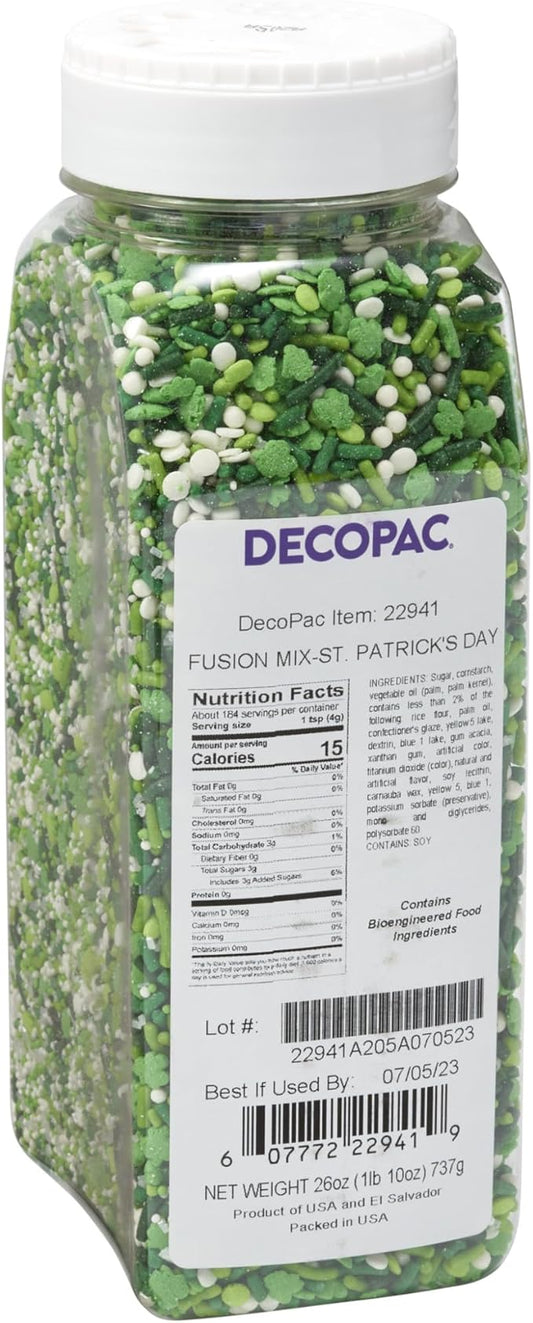DecoPac St. Patrick's Day Fusion Mix Sprinkles, 26oz, Green, White Candy Sprinkles in Handheld Container, Edible Decorations For Celebration Cakes, Cupcakes, Cookies and Donuts