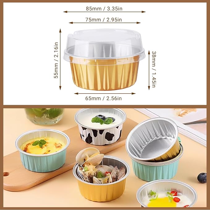 50PCS Mixed color Disposable Ramekins with lids,5oz Mini Aluminium Foil Baking Cups Creme Brulee Cupcake Liners, Desert Cheesecake Pans Flan Molds Tin Cups Containers for Party